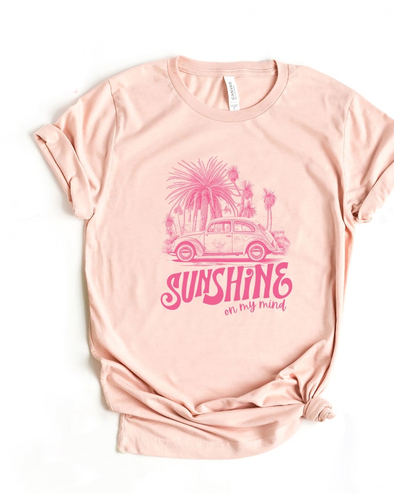 Front of a model wearing a size XL Sunshine On My Mind Car Short Sleeve Graphic Tee in Blush by Simply Sage Market. | dia_product_style_image_id:301175